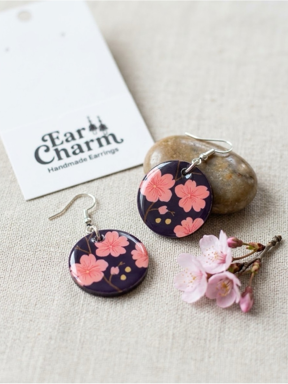 Pink and Black Floral Round Drop Earrings - New